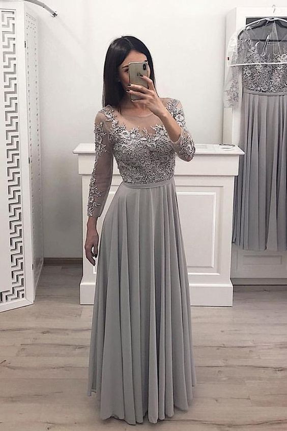 Lace Appliques Grey Long Sleeves Chiffon Fashion Prom Dress Formal Evening Grad Dresses cg2184