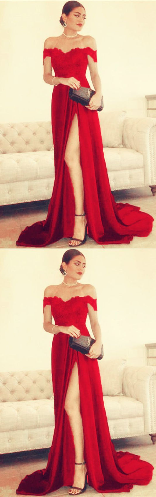 Sexy Leg Slit Long Satin Sweetheart Prom Dresses Lace Off The Shoulder Evening Gowns     cg21846