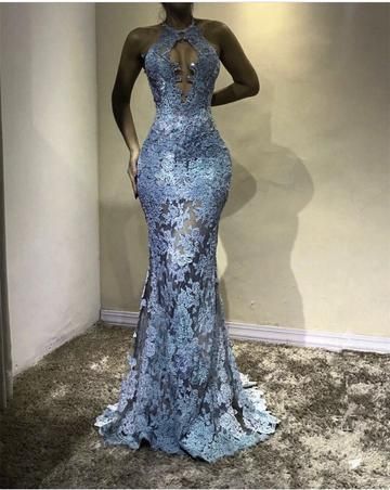 Unique Halter Top See Through Lace Prom Dress Mermaid Evening Gowns cg2190