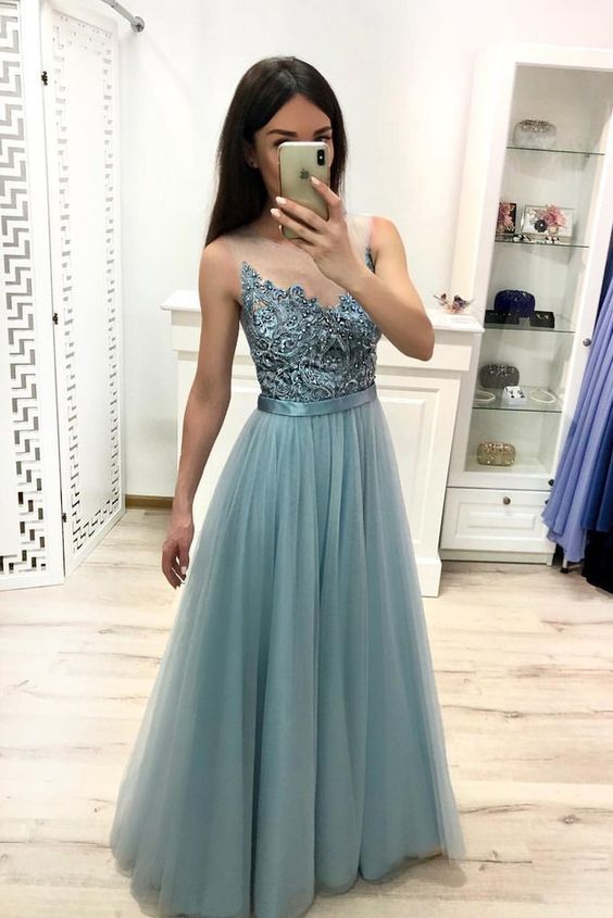 A Line Tulle Blue Floor Length Prom Dresses Beaded Long Evening Graduation Dresses cg2218