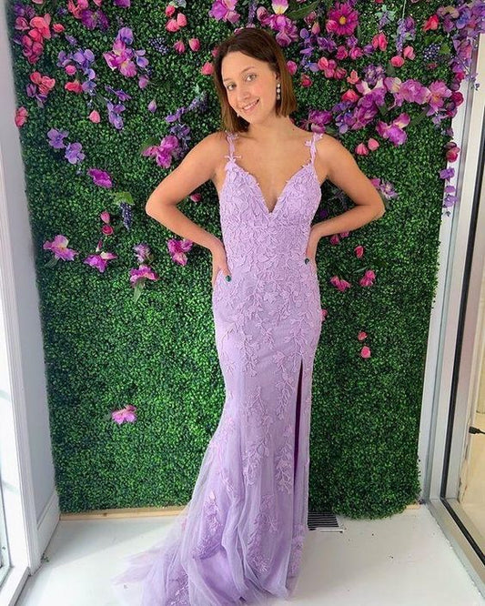 Mermaid V Neck Spaghetti Straps Lavender Lace Prom Dresses with Split         cg22768