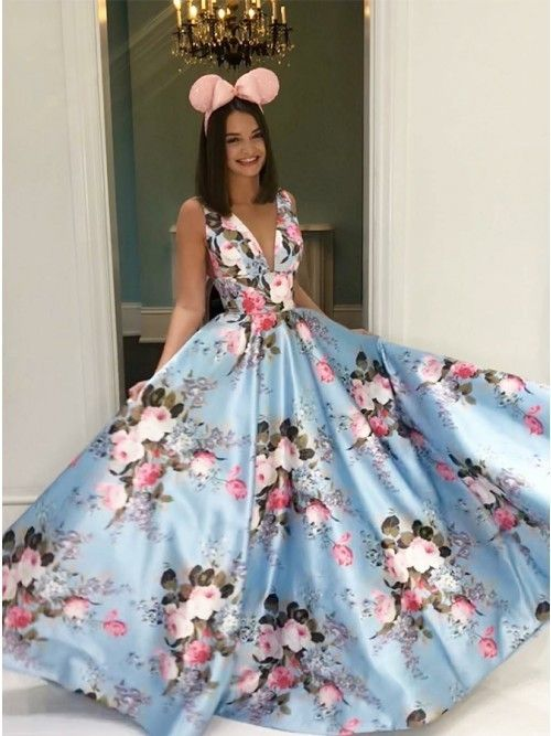 Blue Floral Prom Dress Floor-Length Evening Dresses       cg23030