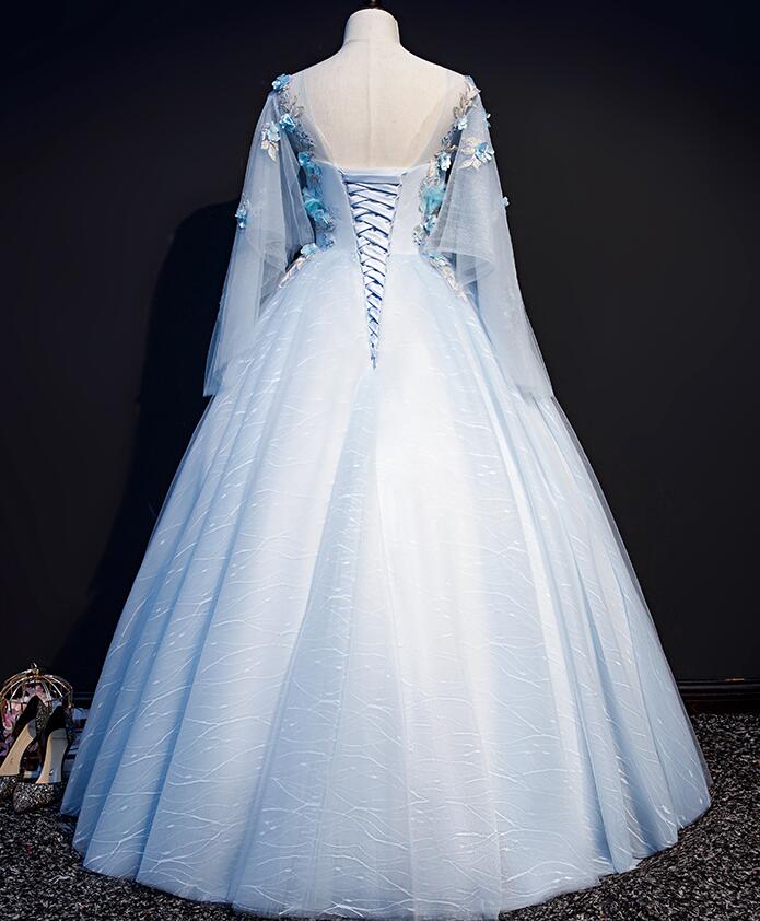 Light Blue Flowers Lace Round Neckline Ball Gown Sweet 16 Dress, Blue Long Formal Dresses prom Dress        cg23035