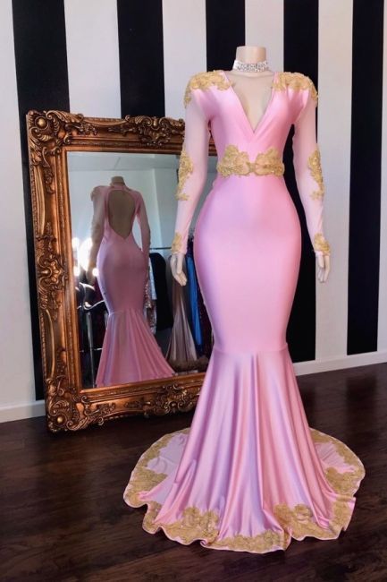 V-neck Long Sleeves Fit and Flare Pink Prom Dresses with Appliques          cg23044
