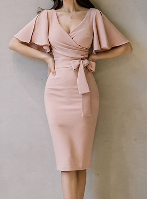 Women's Wrap Dress Knee Length Dress Blushing Pink Short Sleeve Dusty Rose Prom Dresses        cg23049
