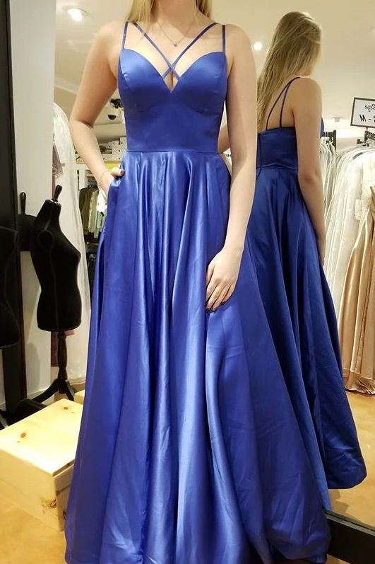 Simple Blue Long Prom Dress, A-line Satin Pockets Evening Gown        cg23050