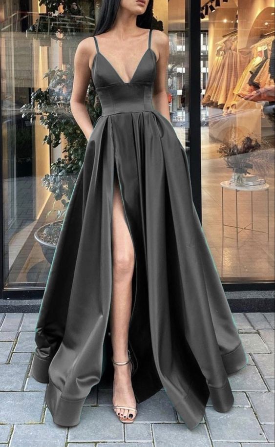 Long black satin prom dresses v neck split evening gown with pockets      cg23052
