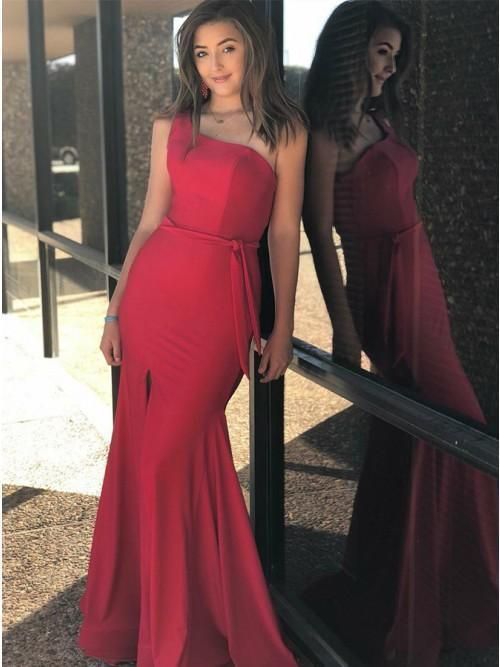 Red One Shoulder Long Mermaid Prom Dresses with Split cg2306