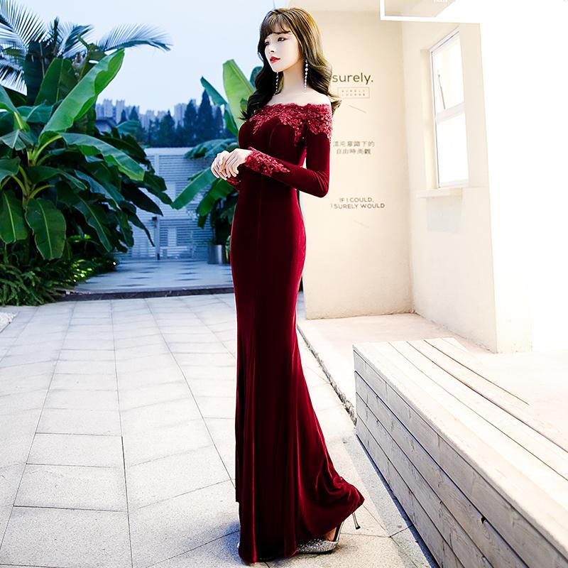 Beautiful Wine Red Velvet Mermaid Long Evening Dress Party Dress     cg23067