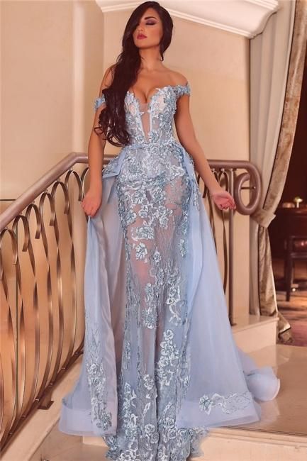 Off the Shoulder Sweetheart Sheer Form-fitting Prom Dresses with Detachable Train        cg23088
