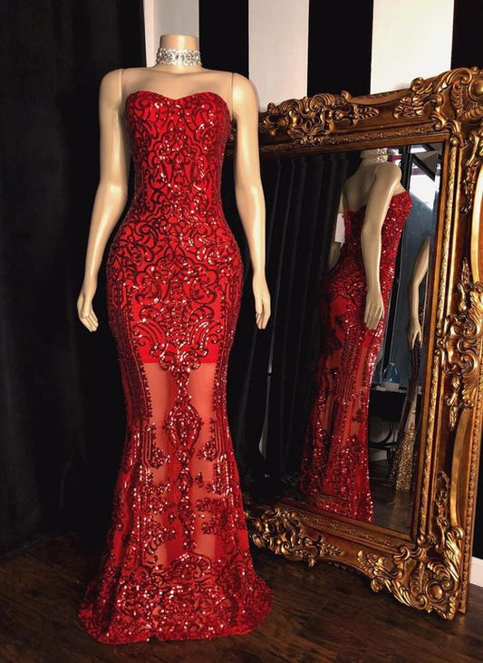 2022 Red Sheath Sweetheart Strapless Floor Length Tulle Lace Prom Dress       cg23097