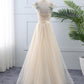 Light Champagne Tulle And Lace High Neckline Long Party Dress, A-Line Tulle Bridesmaid prom Dress       cg23136