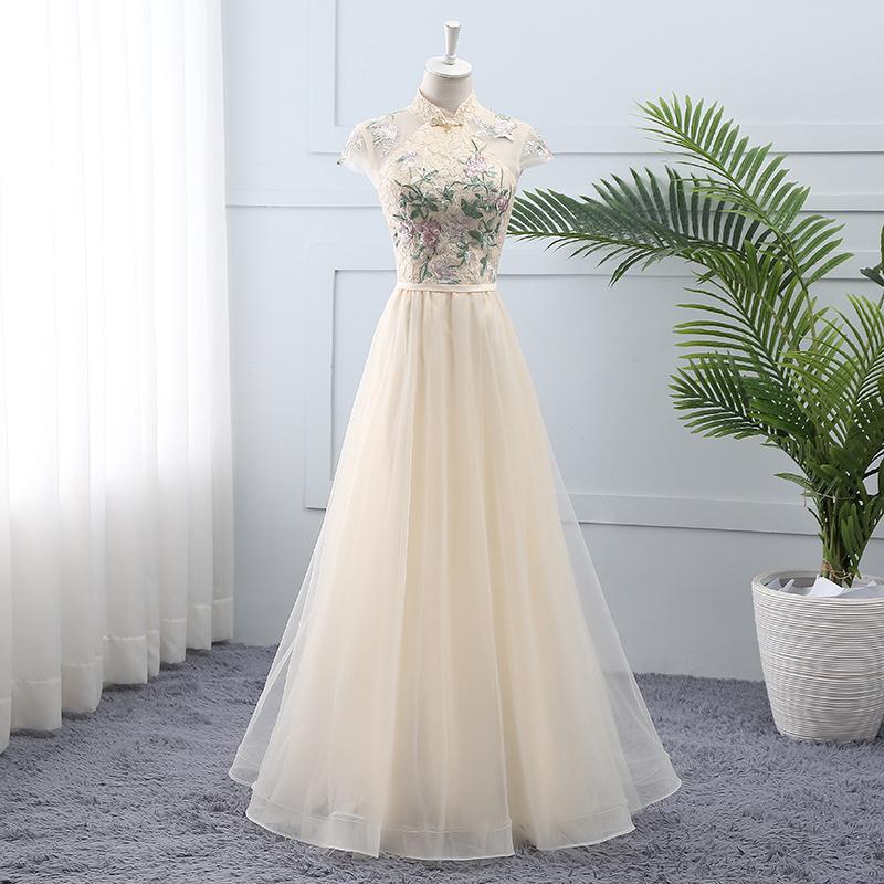 Light Champagne Tulle And Lace High Neckline Long Party Dress, A-Line Tulle Bridesmaid prom Dress       cg23136