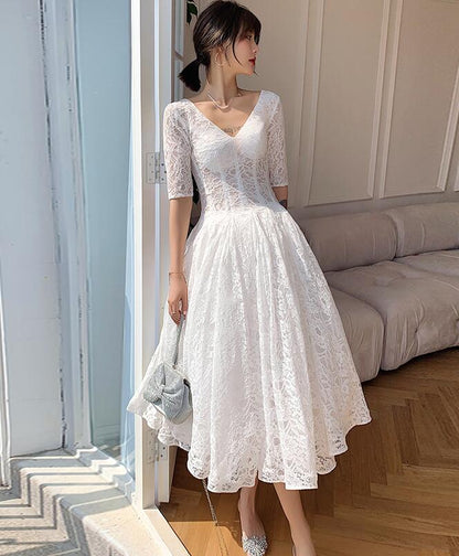 White Lace Short Sleeves Tea Length Wedding Party Dress, White Graduation Dresses Prom Dress       cg23137