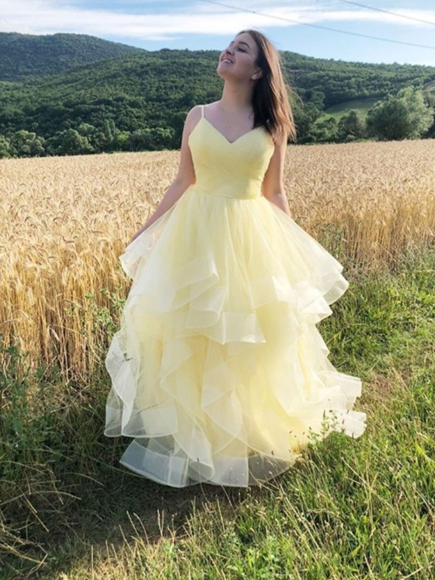 Yellow v neck tulle long prom dress, yellow tulle formal dress        cg23139