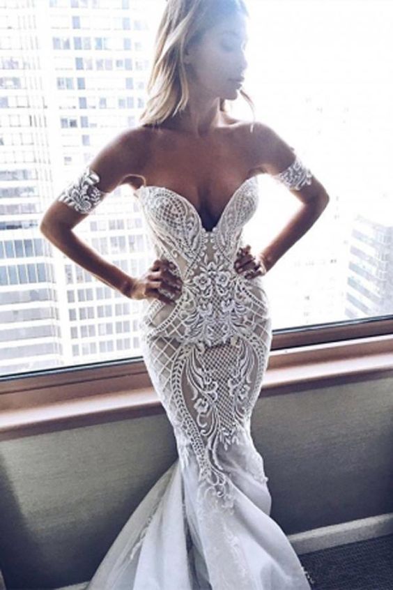 Gorgeous White Lace Mermaid Sweetheart Neck Wedding Dresses Prom Dresses           cg23143