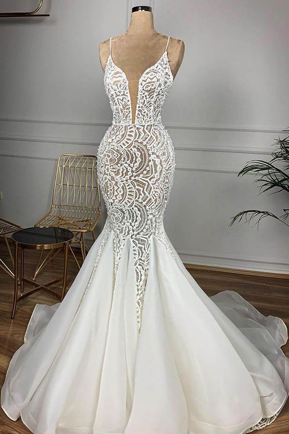 Spaghetti Straps Lace Wedding Dresses Ivory Sleeveless Bridal Gowns With Appliques Prom Dress    cg23191