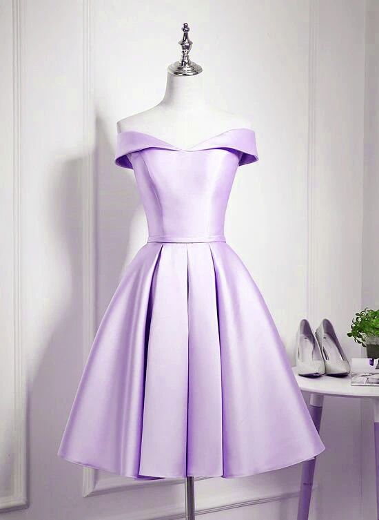 Charming Purple Satin Knee Length Homecoming Dress, Off Shoulder Bridesmaid Dress        cg23193