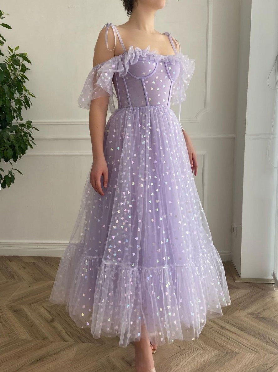Purple tulle tea length prom dress, purple evening dress           cg23217