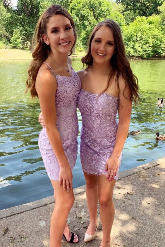 lavender lace short tight homecoming dresses       cg23255