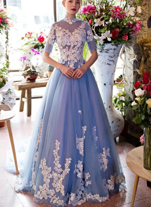 Blue Lace Short Sleeves Long Tulle Sweet 16 Gown, Blue Quinceanera Prom Dresses         cg23263