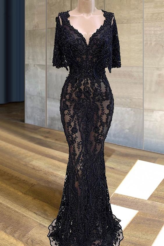 black beaded evening dresses long mermaid short sleeve v neck elegant modest luxury formal evening gown Prom Dress         cg23266