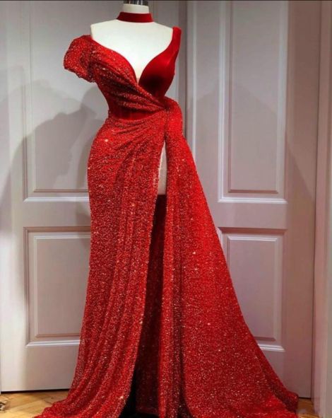 Red Evening Dresses Glitter Beads A Line Formal Prom Gowns High Split Party Dress Plus Size Women Gowns         cg23267