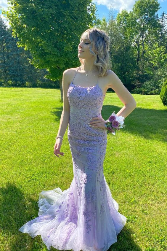 mermaid lavender appliqued long prom dress with spaghetti straps      cg23278