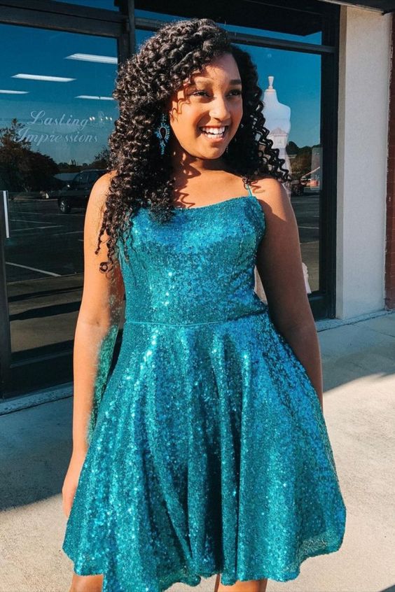 cute teal sequined short homecoming dress with cross back         cg23279