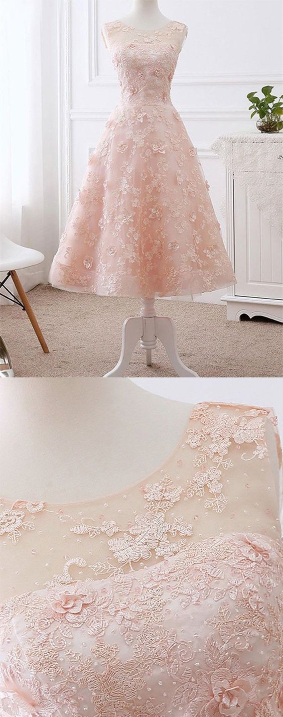 Elegant A-line Scoop Neck Tea Length Lace Pink Short Homecoming Dress           cg23294