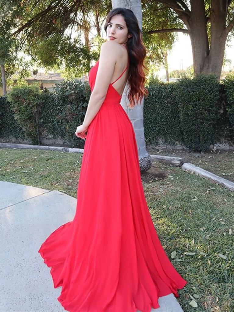 A Line V Neck Backless Red Long Prom Dresses, Open Back Red Formal Graduation Evening Dresses           cg23315