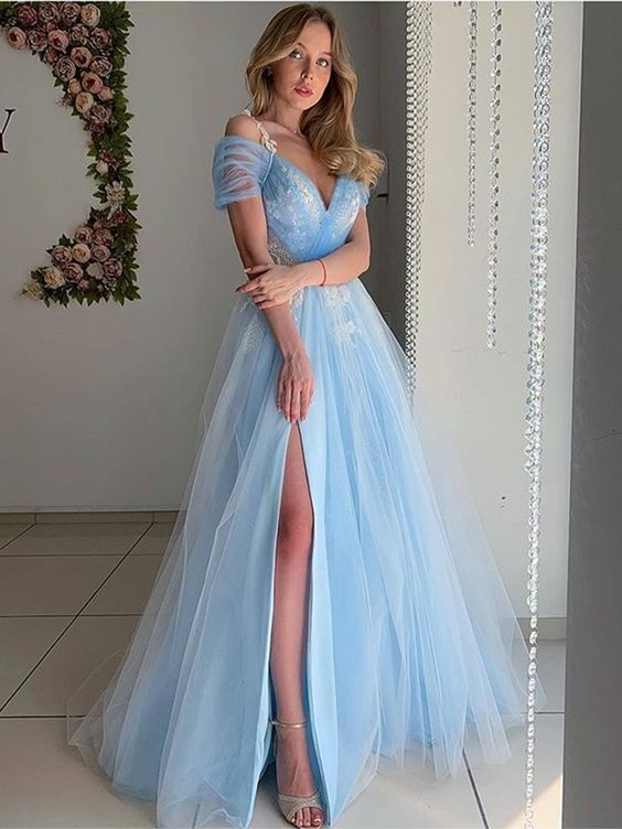 Elegant Off Shoulder Light Blue Tulle Long Prom Dresses, Off the Shoulder Light Blue Formal Evening Dresses           cg23317