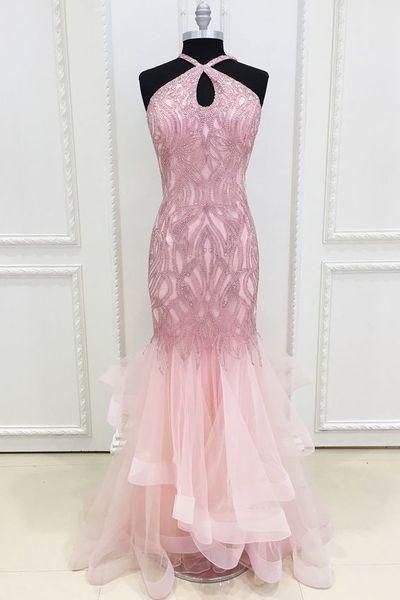 Sparkly Beads Pink Mermaid Long Prom Dress        cg23400