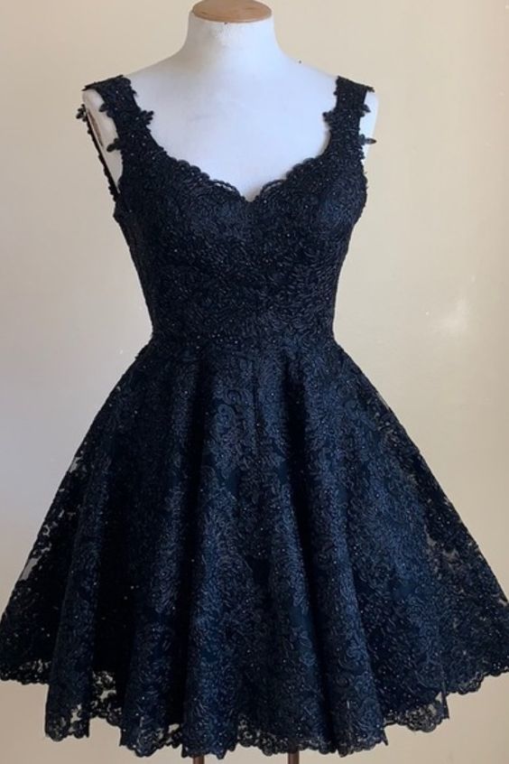 A-line Short Navy Blue Lace Homecoming Dress         cg23419