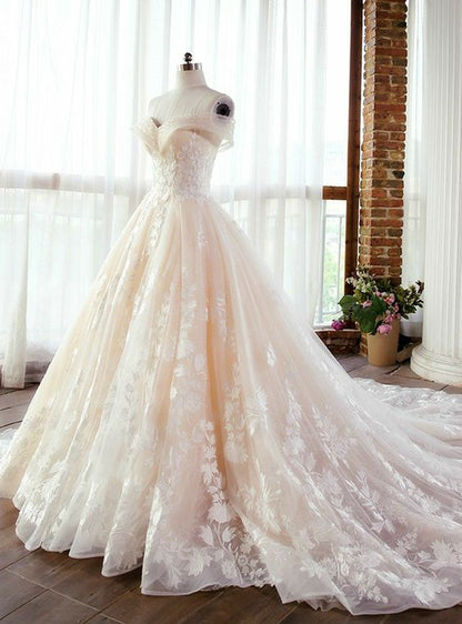 wedding dress Long Tulle Prom Dress With Lace off the shoulder          cg23420