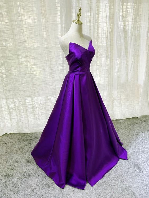 Purple Satin A-line Simple Floor Length Evening Dress Formal Dress, Dark Purple Prom Dresses       cg23443