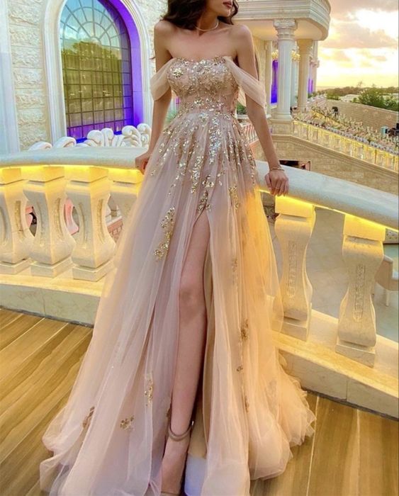 Elegant Champagne tulle corset prom dresses off the shoulder with sequin lace embroidery       cg23456