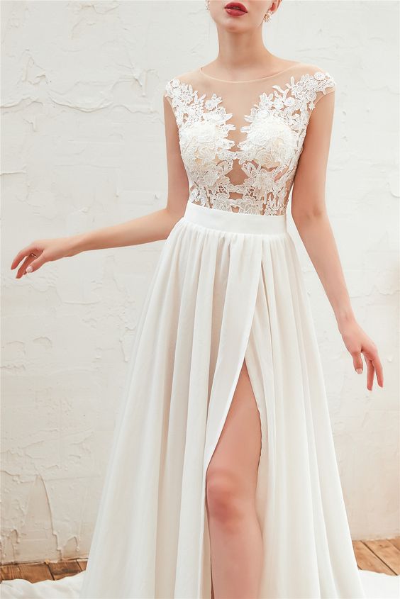 Illusion Neck Lace Top White Wedding Dress with Slit Prom Dress         cg23467