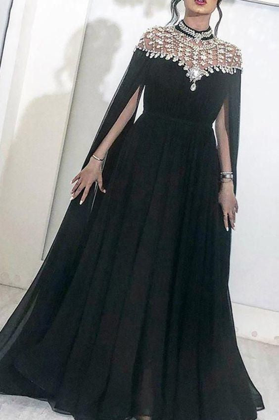 black beading long formal evening prom dress with long sleeves         cg23473