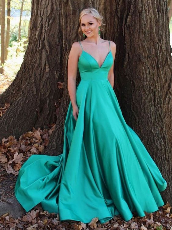 Simple v neck satin long prom dress green tulle formal dress     cg23476