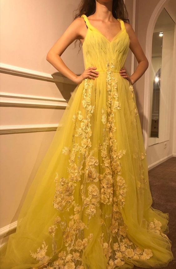 yellow tulle long prom dress, yellow evening dress    cg23528