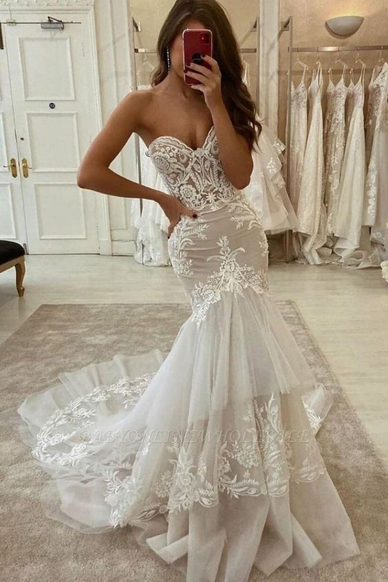 Elegant Sweetheart Tulle Lace Mermaid Wedding Dress Two-layer Trailing prom dress       cg23534