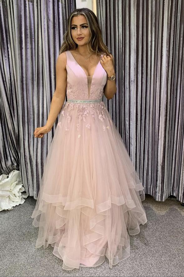 Pink tulle lace long A line prom dress evening dress      cg23551