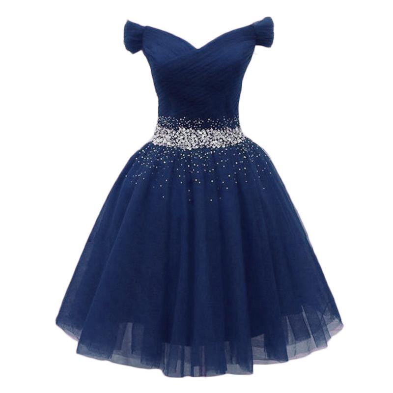 Navy Beaded Sweetheart Off Shoulder Tulle Homecoming Dress    cg23552