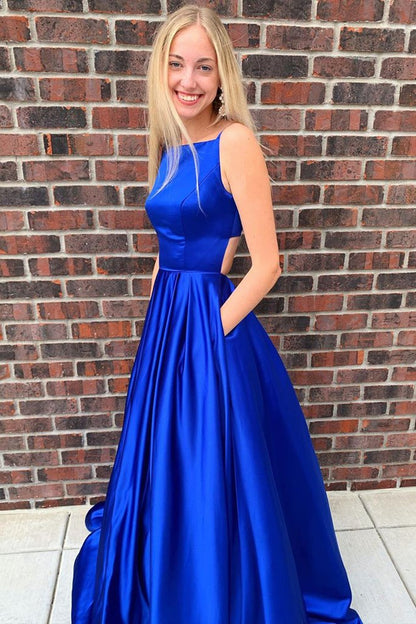 Simple A Line Open Back Royal Blue Satin Long Prom Dress with Pocket      cg23559