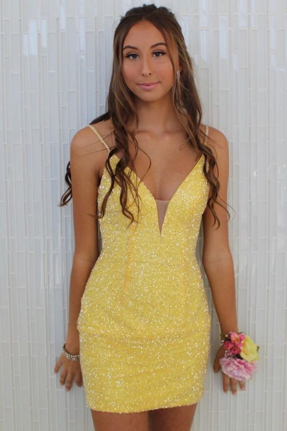 Tight Yellow Beaded Party Dress homecoming dress party dress    cg23564