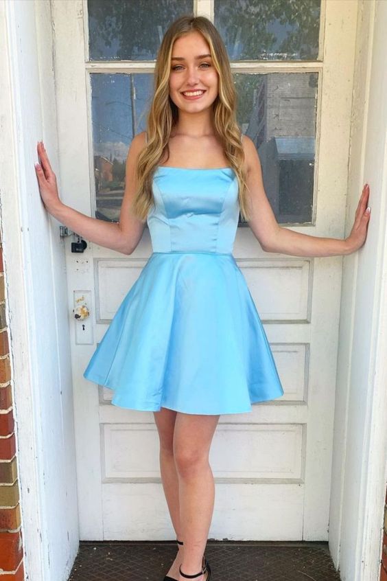 A-line light blue satin short homecoming dress with spaghetti straps       cg23565