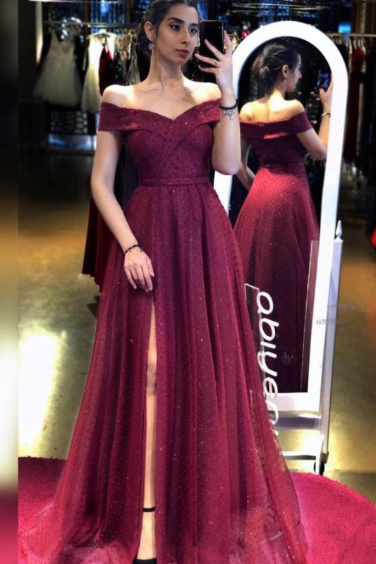 Off The Shoulder Tulle Ruby Sequins Side-Split A-Line Prom Dresses         cg23568