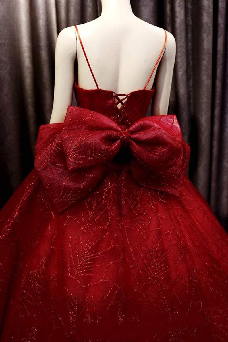 Deep red sparkle beaded thin strap V neck ball gown wedding dress with bow back, sweep train & glitter tulle Prom Dress        cg23574