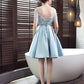 Light Blue Satin Lace Top Off Shoulder Homecoming Dress     cg23651